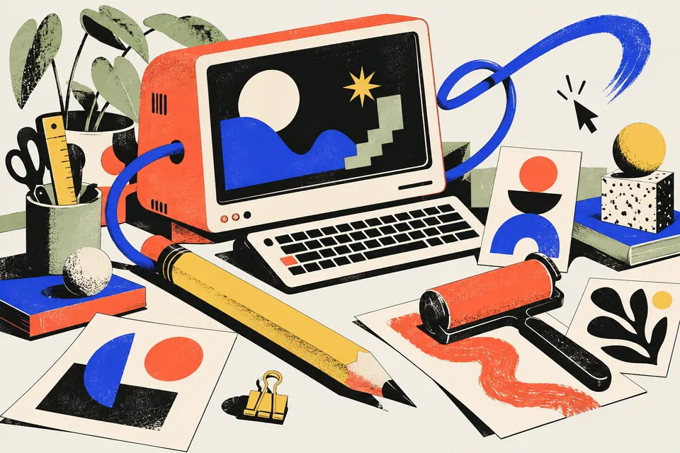 Ateliê ilustrado: computador coral, lápis amarelo, impressos e um cabo azul que atravessa a criação.